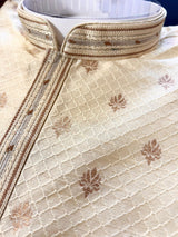 Cream men's kurta pajama in soft silk (non-pure) with self-design with copper zari floral buttis — Kaash Collection