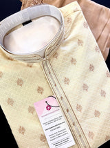 Cream men's kurta pajama in soft silk (non-pure) with self-design with copper zari floral buttis — Kaash Collection