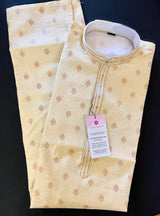 Cream men's kurta pajama in soft silk (non-pure) with self-design with copper zari floral buttis — Kaash Collection