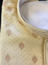Designer Cream Color Soft Silk Kurta with Lining Kurta Pajama for Men | Copper Zari Floral Weave | Exclusive Collection of Kurtas For Men - Kaash
