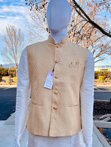 Designer Gold Modi Nehru Jacket For Men in Soft Banarasi Silk | Waist Coat | Jacket for Kurta | Gift For Him | Indian Wedding - Kaash