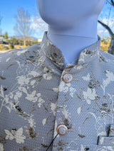 Light Grey with Gold men's Nehru/Modi jacket in soft banarasi silk with self-design pattern with gold detail — Kaash Collection