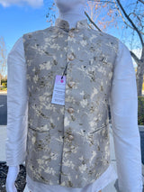 Light Grey with Gold men's Nehru/Modi jacket in soft banarasi silk with self-design pattern with gold detail — Kaash Collection