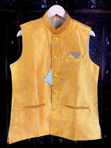 Mango Yellow men's Nehru/Modi jacket in raw silk with zari weaving floral designs — Kaash Collection