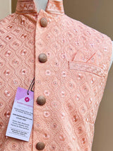 Pastel Peach men's Nehru/Modi jacket in soft silk with chikankari embroidery on neckline — Kaash Collection