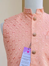 Pastel Peach men's Nehru/Modi jacket in soft silk with chikankari embroidery on neckline — Kaash Collection