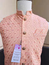Pastel Peach men's Nehru/Modi jacket in soft silk with chikankari embroidery on neckline — Kaash Collection