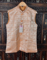 Light Peach men's Nehru/Modi jacket in silk (non-pure) with floral weave & embroidery — Kaash Collection