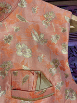 Peach men's Nehru/Modi jacket in raw silk with zari weaving floral designs — Kaash Collection