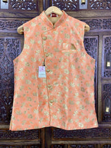 Peach men's Nehru/Modi jacket in raw silk with zari weaving floral designs — Kaash Collection