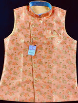 Peach men's Nehru/Modi jacket in raw silk with zari weaving floral designs — Kaash Collection