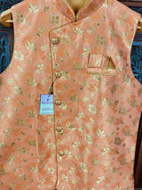 Peach men's Nehru/Modi jacket in raw silk with zari weaving floral designs — Kaash Collection