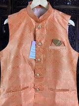 Peachy Pink men's Nehru/Modi jacket in raw silk with floral design with subtle zari — Kaash Collection