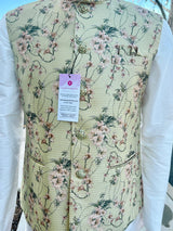Pista Green Gold men's Nehru/Modi jacket in soft jute silk with self-design pattern with gold detail — Kaash Collection