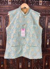 Sea Green men's Nehru/Modi jacket in silk (non-pure) with designer woven pattern — Kaash Collection