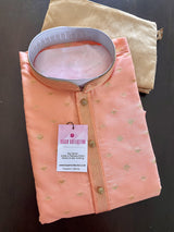 Designers Peach Silk Men Kurta Pajama Set with Zari Weave design - Kaash