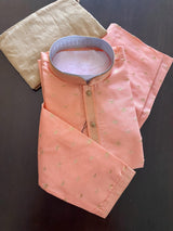 Designers Peach Silk Men Kurta Pajama Set with Zari Weave design - Kaash