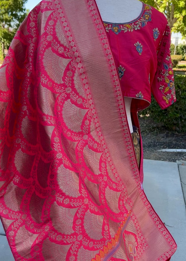 Banarasi Brocade Lehenga in Pink and Muted Gold Color with Embroidery Work