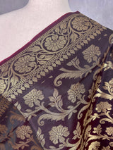 Eggplant Banarasi Floral Soft Silk dupatta in soft silk (non-pure) with floral jaal with muted gold zari — Kaash Collection