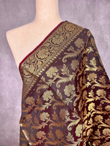 Eggplant Banarasi Floral Soft Silk dupatta in soft silk (non-pure) with floral jaal with muted gold zari — Kaash Collection