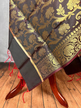 Eggplant Banarasi Floral Soft Silk dupatta in soft silk (non-pure) with floral jaal with muted gold zari — Kaash Collection