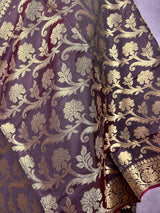 Eggplant Banarasi Floral Soft Silk dupatta in soft silk (non-pure) with floral jaal with muted gold zari — Kaash Collection