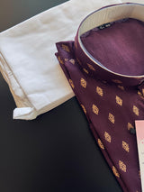 Eggplant Color Premium Pure Cotton Kurta Pajama Set for Men with small Self design Buttis - Kaash