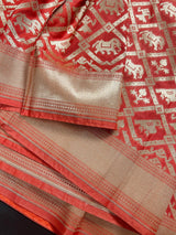 Peach Banarasi saree in handloom banarasi silk with animal & bird motifs with simple pallu — Kaash Collection