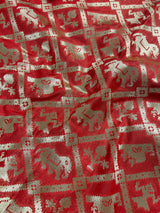 Peach Banarasi saree in handloom banarasi silk with animal & bird motifs with simple pallu — Kaash Collection