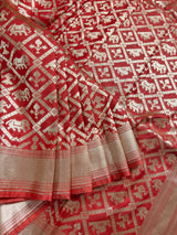 Peach Banarasi saree in handloom banarasi silk with animal & bird motifs with simple pallu — Kaash Collection