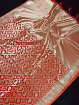 Peach Banarasi saree in handloom banarasi silk with animal & bird motifs with simple pallu — Kaash Collection