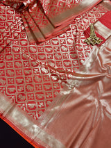 Gorgeous Peach Color Traditional Banarasi Silk handloom Saree with animal and birds Figures | Banarasi Silk Saree | Kaash Collection - Kaash