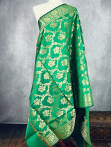 Green Banarasi Floral Soft Silk dupatta with Muted Gold Zari Weaving - Kaash