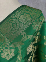 Green Banarasi Floral Soft Silk dupatta with Muted Gold Zari Weaving - Kaash