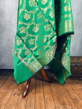 Green Banarasi Floral Soft Silk dupatta with Muted Gold Zari Weaving | Light Weight Dupatta | Silk Dupatta | Stole | Gift For Her - Kaash
