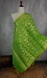 Green Semi Silk Floral Jaal dupatta in soft silk (non-pure) with floral jaal with muted gold zari — Kaash Collection