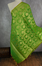Green Color Benarasi Handwoven Semi Silk Dupatta with Muted Gold Zari Weaving | Dupatta | Stole | Scarf | Dupattas for Wedding - Kaash