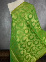 Green Color Benarasi Handwoven Semi Silk Dupatta with Muted Gold Zari Weaving | Dupatta | Stole | Scarf | Dupattas for Wedding - Kaash