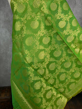 Green Color Benarasi Handwoven Semi Silk Dupatta with Muted Gold Zari Weaving | Dupatta | Stole | Scarf | Dupattas for Wedding - Kaash