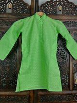 Green Color Cotton Kurta Pajama Set for Boys with Lucknowi Chikankari Work - Kaash