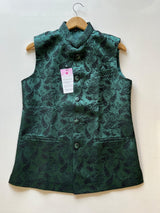 Green with Black Thread men's Nehru/Modi jacket in soft silk with black thread embroidery (parsley design) — Kaash Collection