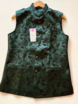 Green Color Modi Nehru Jacket For Men with black thread embroidery | Jacket for Kurta | Silk Jacquard Mens Kurta Jackets | Waistcoat - Kaash