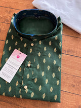 Green men's kurta pajama in pure cotton with small gold buttis on cotton — Kaash Collection