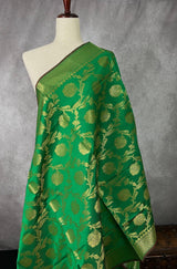 Green Soft Silk Floral dupatta in soft silk (non-pure) with floral jaal with muted gold zari — Kaash Collection