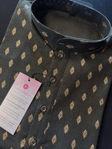 Greenish Black Color Premium Pure Cotton Kurta Pajama Set for Men with small Self design Gold Buttis - Kaash