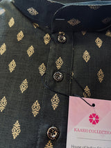 Greenish Black Color Premium Pure Cotton Kurta Pajama Set for Men with small Self design Gold Buttis - Kaash