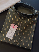 Greenish Black Color Premium Pure Cotton Kurta Pajama Set for Men with small Self design Gold Buttis - Kaash