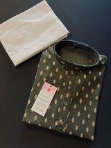 Greenish Black Color Premium Pure Cotton Kurta Pajama Set for Men with small Self design Gold Buttis - Kaash