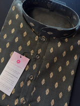 Greenish Black Color Premium Pure Cotton Kurta Pajama Set for Men with small Self design Gold Buttis | Cotton Men Kurtas | Soft Kurtas | Kaash Kurtas - Kaash