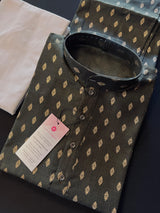 Greenish Black Color Premium Pure Cotton Kurta Pajama Set for Men with small Self design Gold Buttis | Cotton Men Kurtas | Soft Kurtas | Kaash Kurtas - Kaash